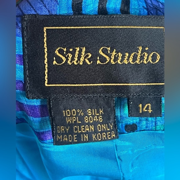 Silk studio blazer jacket blues geometric print lined Sz 14 - Picture 10 of 10